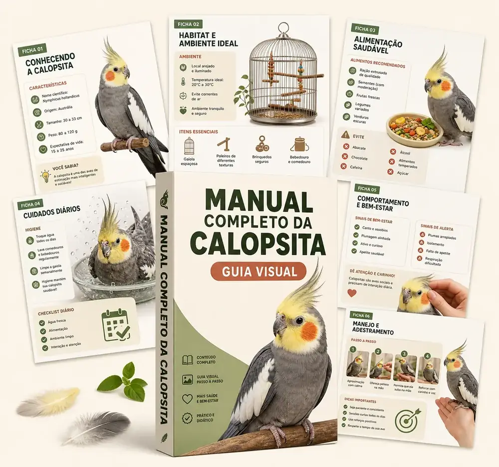 Manual Completo da Calopsita: capa do guia com páginas internas e uma calopsita