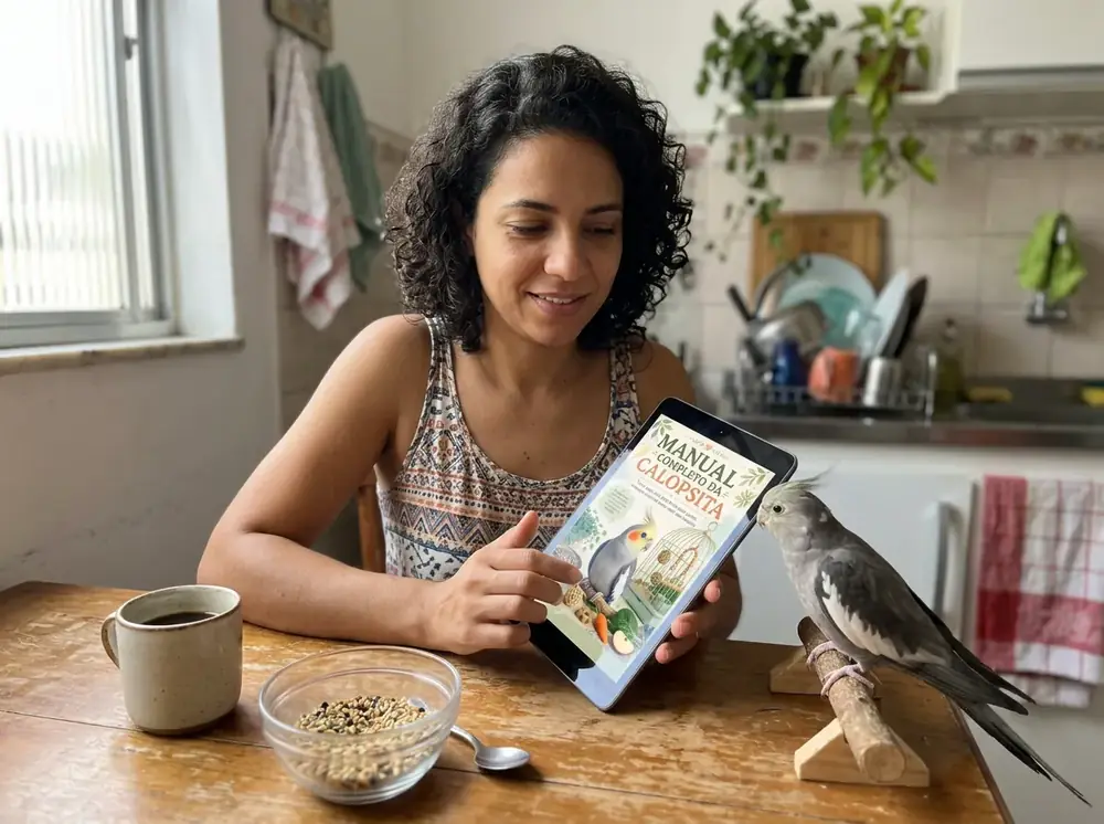 Tutora lendo o Manual Completo da Calopsita no tablet ao lado da sua calopsita