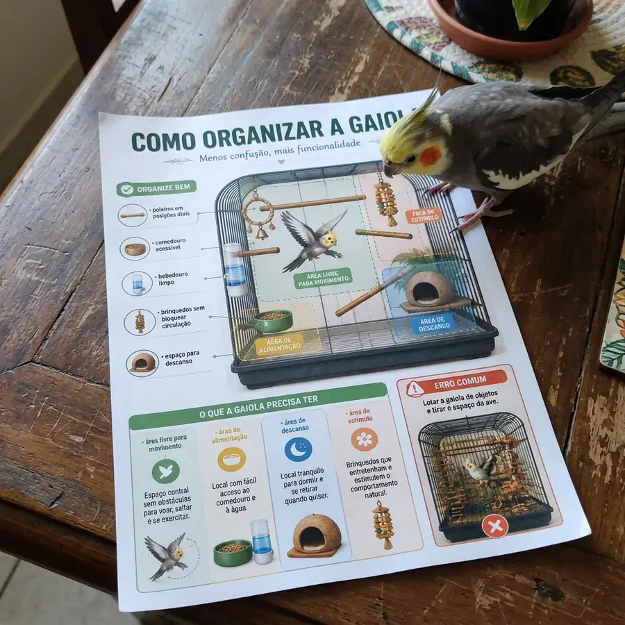 Página do manual impressa sobre a mesa com a calopsita