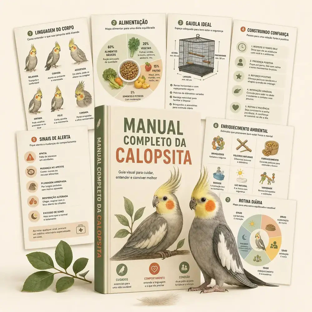 Manual Completo da Calopsita com páginas internas sobre linguagem corporal, alimentação, gaiola, confiança, sinais de alerta, enriquecimento e rotina