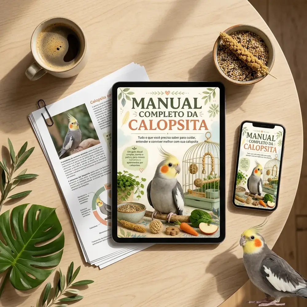 Manual Completo da Calopsita no tablet, no celular e em páginas impressas sobre a mesa